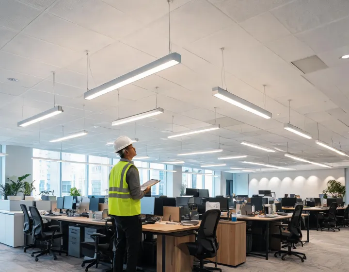 Commercial linear luminaires installed above a collaborative office